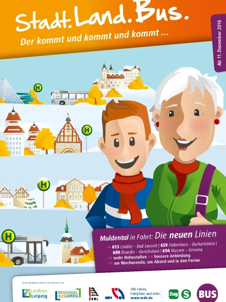 Ein Plakatmotiv im Comic-Stil zeigt eine ältere Damen und einen Jungen vor dem winterlichen Stadtmotiv Grimma